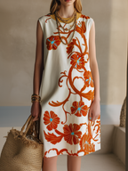 Women's Casual Red & White Print Woven Mini Dress — Crew Neck, Sleeveless, Straight-Cut MDZ2931D2LXY