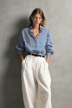 Women's Casual Blue And White Striped Woven Long-Sleeve Shirt And White Cotton-Linen Trousers Set (Belt Not Included) MDZ2960D7LXY
