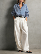 Women's Casual Blue And White Striped Woven Long-Sleeve Shirt And White Cotton-Linen Trousers Set (Belt Not Included) MDZ2960D7LXY
