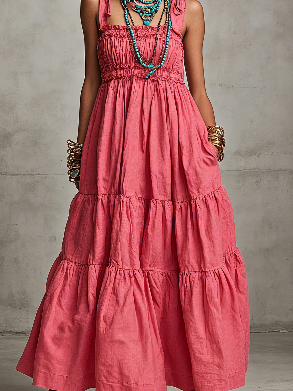 Women's Casual Pink Cotton-Linen Sleeveless Spaghetti-Strap Maxi Dress MDZ2937D9LXY