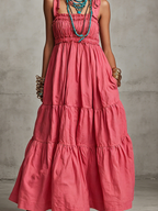 Women's Casual Pink Cotton-Linen Sleeveless Spaghetti-Strap Maxi Dress MDZ2937D9LXY