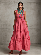 Women's Casual Pink Cotton-Linen Sleeveless Spaghetti-Strap Maxi Dress MDZ2937D9LXY