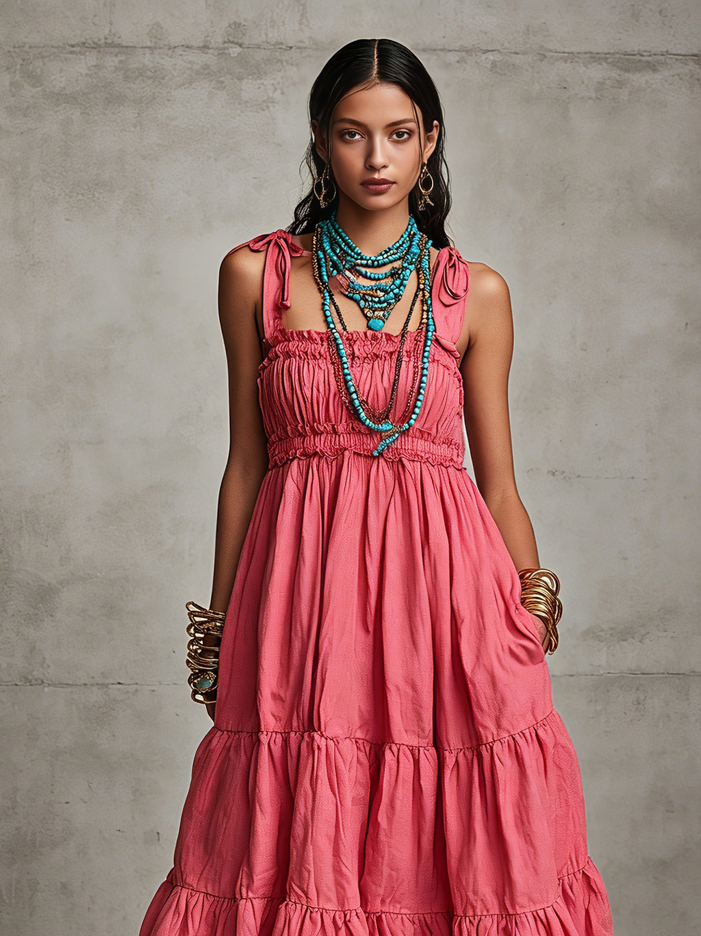 Women's Casual Pink Cotton-Linen Sleeveless Spaghetti-Strap Maxi Dress MDZ2937D9LXY