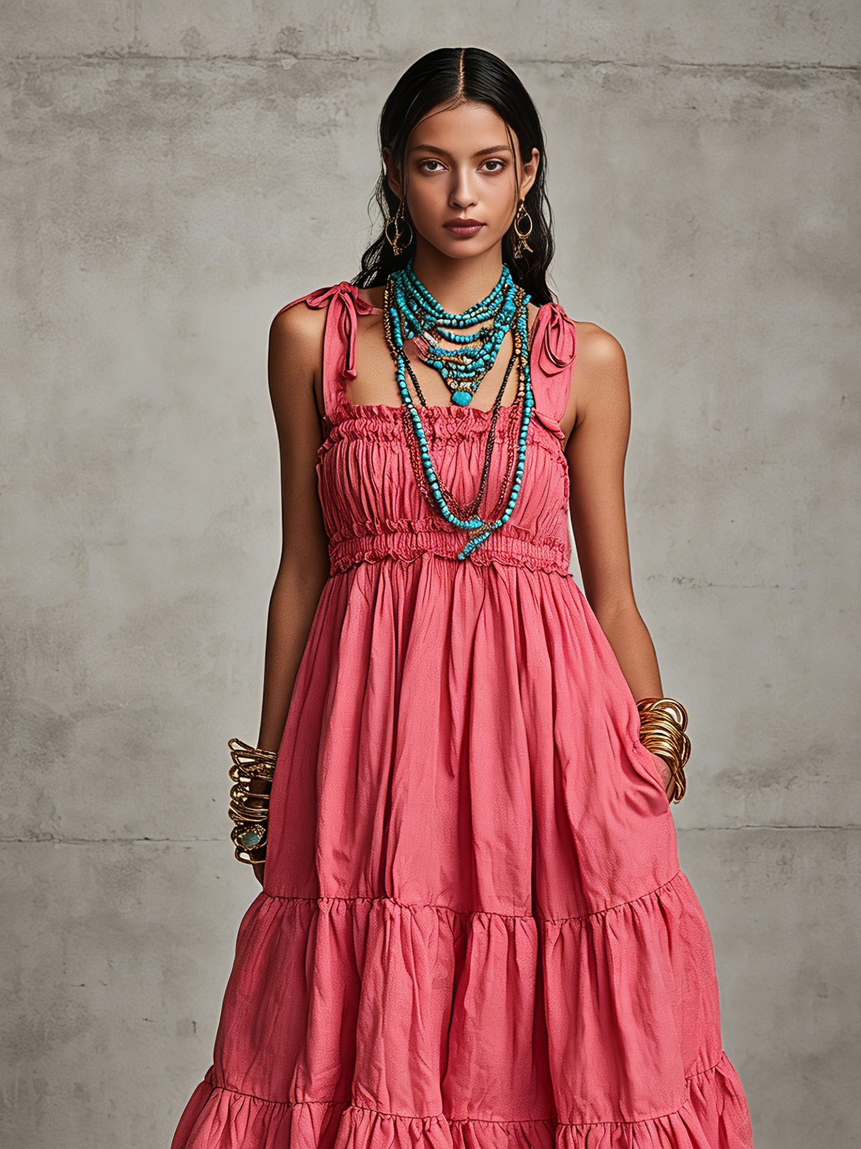 Women's Casual Pink Cotton-Linen Sleeveless Spaghetti-Strap Maxi Dress MDZ2937D9LXY