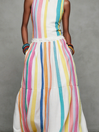 Women's Casual Colorful Woven Sleeveless Maxi Dress With Round Neck MDZ2995D0LXY