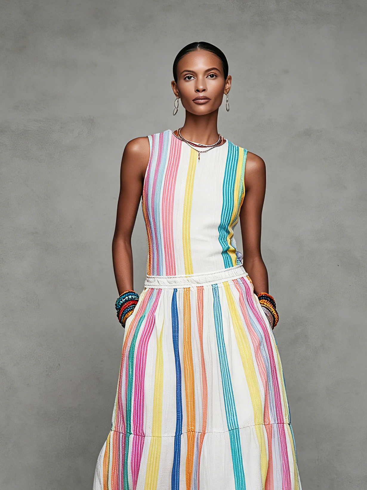 Women's Casual Colorful Woven Sleeveless Maxi Dress With Round Neck MDZ2995D0LXY