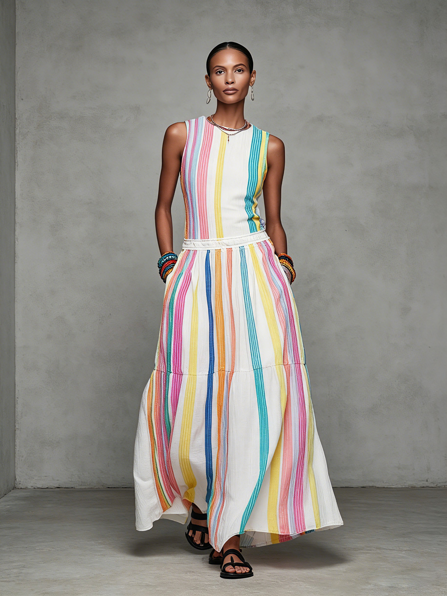 Women's Casual Colorful Woven Sleeveless Maxi Dress With Round Neck MDZ2995D0LXY