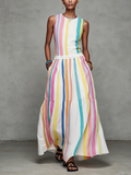 Women's Casual Colorful Woven Sleeveless Maxi Dress With Round Neck MDZ2995D0LXY