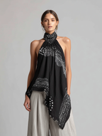 Women's Casual Set: Black Printed Woven Halter-Neck Sleeveless Top Paired With Grey Cotton-Linen Trousers MDZ2987D4LXY