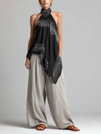 Women's Casual Set: Black Printed Woven Halter-Neck Sleeveless Top Paired With Grey Cotton-Linen Trousers MDZ2987D4LXY