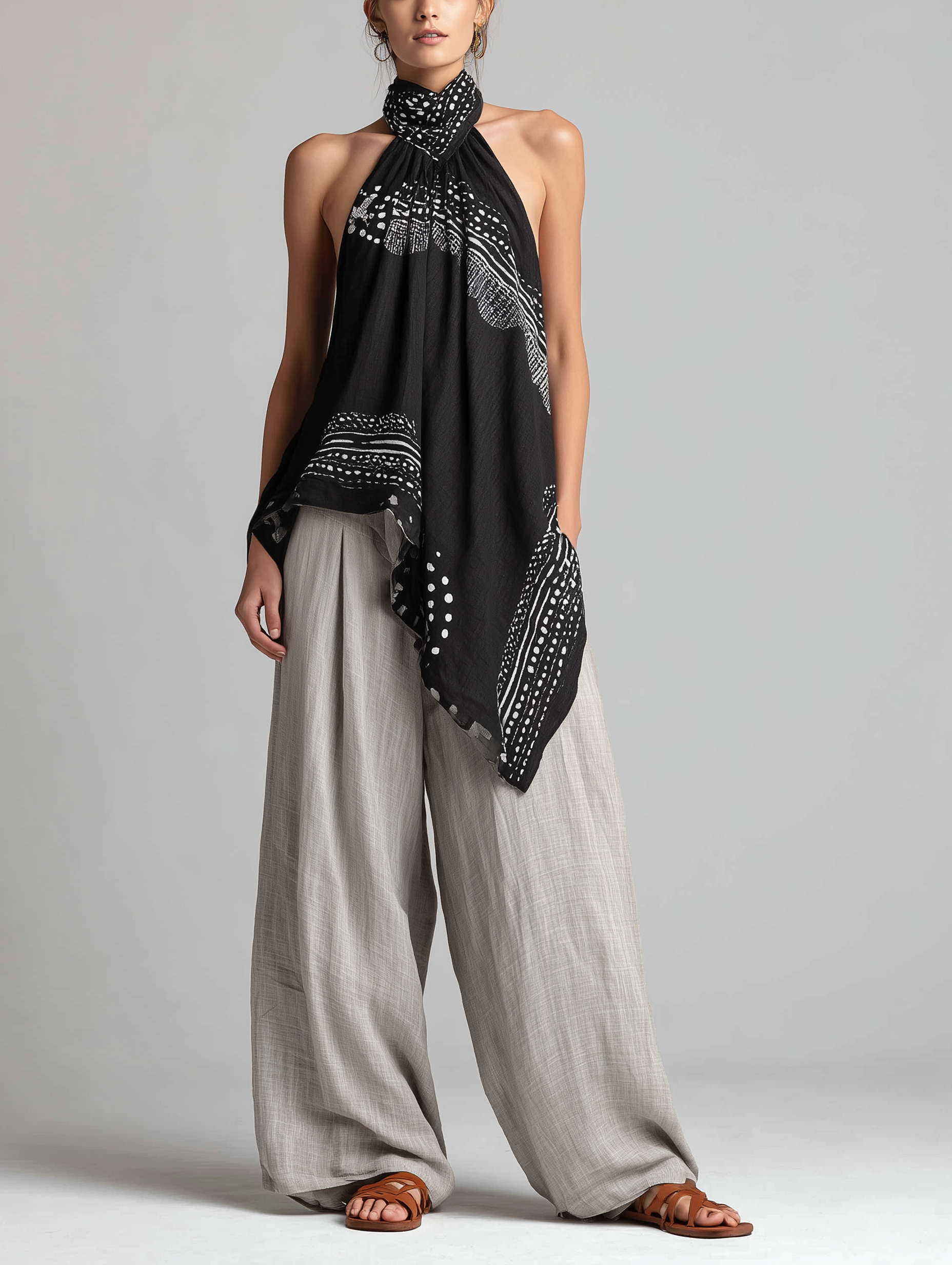 Women's Casual Set: Black Printed Woven Halter-Neck Sleeveless Top Paired With Grey Cotton-Linen Trousers MDZ2987D4LXY