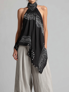 Women's Casual Set: Black Printed Woven Halter-Neck Sleeveless Top Paired With Grey Cotton-Linen Trousers MDZ2987D4LXY