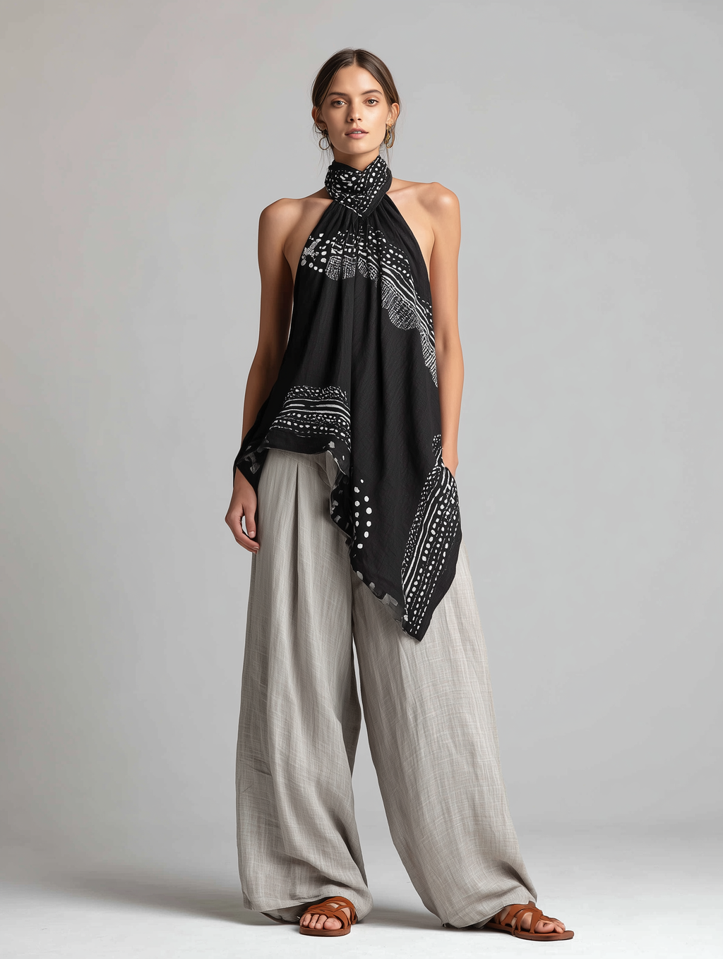 Women's Casual Set: Black Printed Woven Halter-Neck Sleeveless Top Paired With Grey Cotton-Linen Trousers MDZ2987D4LXY