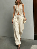 Women's Elegant Beige Lace Round-Neck Sleeveless Vest Paired With Beige Cotton-Linen Trousers MDZ2915D7LXY