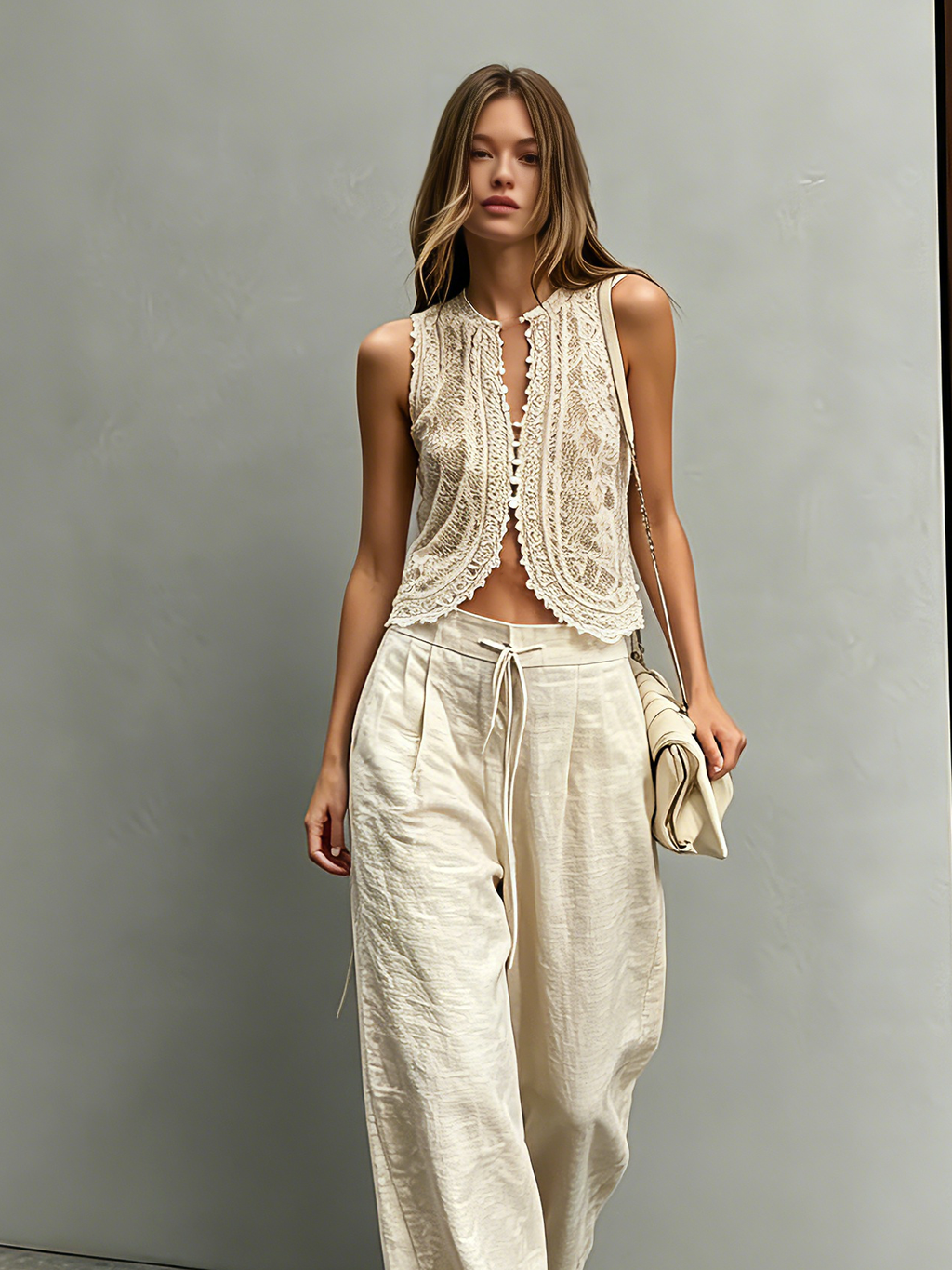 Women's Elegant Beige Lace Round-Neck Sleeveless Vest Paired With Beige Cotton-Linen Trousers MDZ2915D7LXY