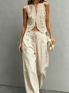 Women's Elegant Beige Lace Round-Neck Sleeveless Vest Paired With Beige Cotton-Linen Trousers MDZ2915D7LXY