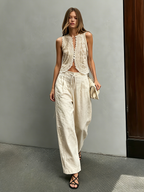 Women's Elegant Beige Lace Round-Neck Sleeveless Vest Paired With Beige Cotton-Linen Trousers MDZ2915D7LXY