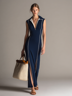 Women's Casual-Sporty Navy Blue Stretch-Knit Sleeveless Maxi Dress With Fold-Down Collar MDZ2937D7LXY