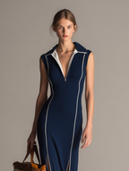 Women's Casual-Sporty Navy Blue Stretch-Knit Sleeveless Maxi Dress With Fold-Down Collar MDZ2937D7LXY