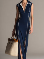 Women's Casual-Sporty Navy Blue Stretch-Knit Sleeveless Maxi Dress With Fold-Down Collar MDZ2937D7LXY