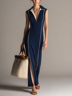Women's Casual-Sporty Navy Blue Stretch-Knit Sleeveless Maxi Dress With Fold-Down Collar MDZ2937D7LXY