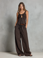 Women's Casual Brown Cotton-Linen Sleeveless Vest With Trousers MDZ2986D9LXY