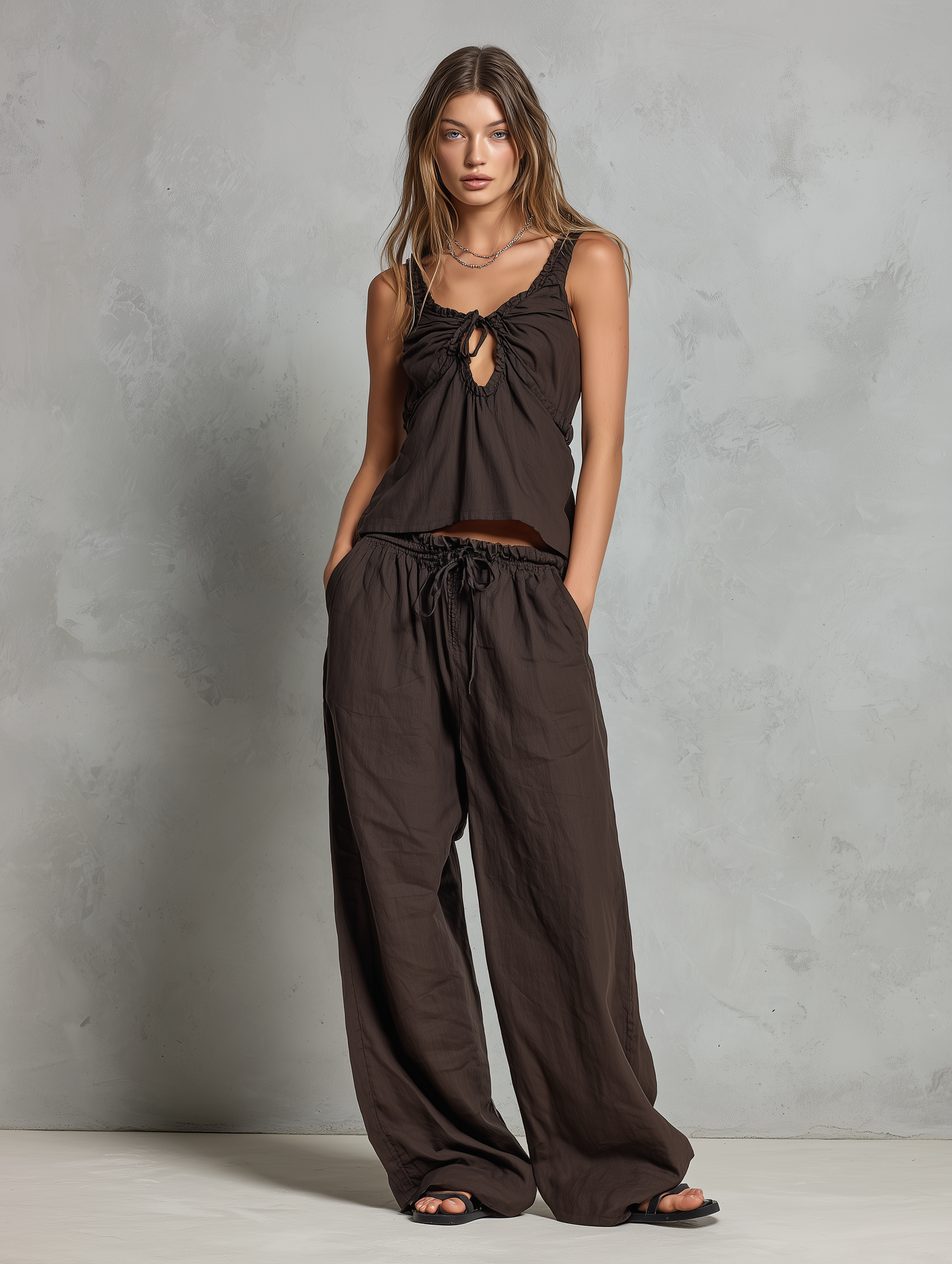 Women's Casual Brown Cotton-Linen Sleeveless Vest With Trousers MDZ2986D9LXY
