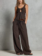 Women's Casual Brown Cotton-Linen Sleeveless Vest With Trousers MDZ2986D9LXY