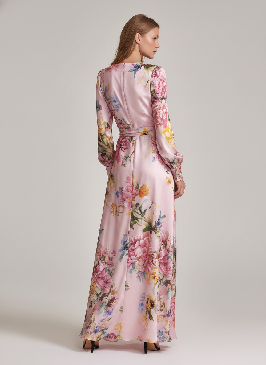 Women's Casual Pink Printed Satin V-Neck Long-Sleeve Maxi Dress MDZ3050D2LXY