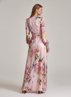 Women's Casual Pink Printed Satin V-Neck Long-Sleeve Maxi Dress MDZ3050D2LXY