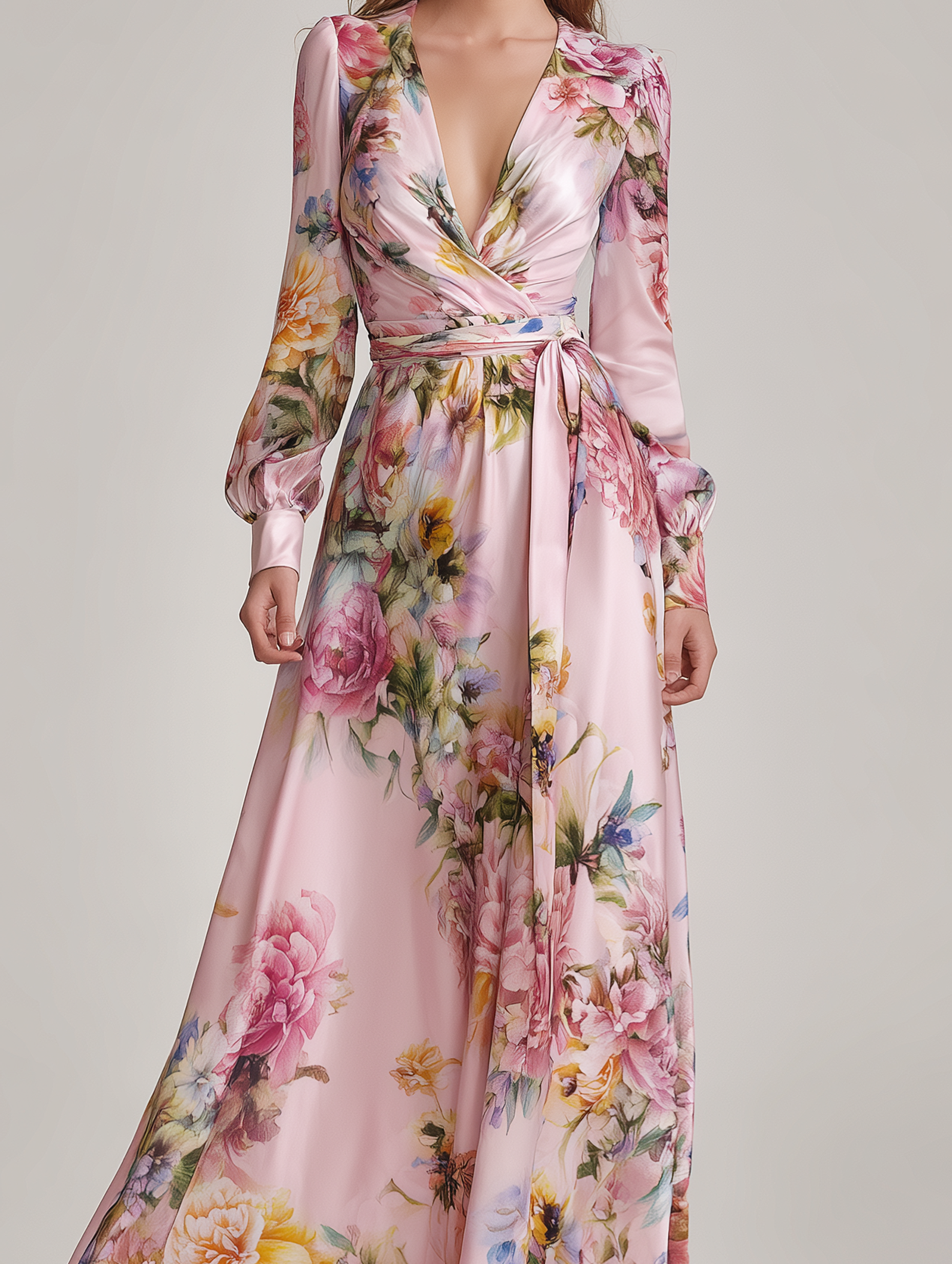 Women's Casual Pink Printed Satin V-Neck Long-Sleeve Maxi Dress MDZ3050D2LXY