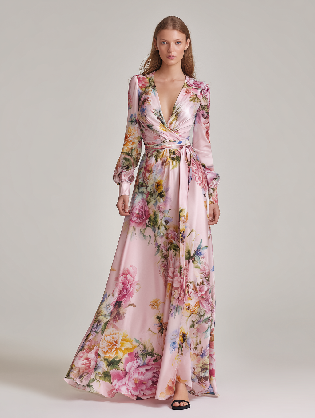 Women's Casual Pink Printed Satin V-Neck Long-Sleeve Maxi Dress MDZ3050D2LXY