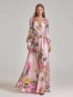 Women's Casual Pink Printed Satin V-Neck Long-Sleeve Maxi Dress MDZ3050D2LXY