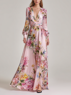 Women's Casual Pink Printed Satin V-Neck Long-Sleeve Maxi Dress MDZ3050D2LXY