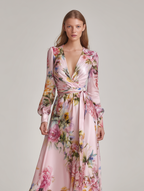 Women's Casual Pink Printed Satin V-Neck Long-Sleeve Maxi Dress MDZ3050D2LXY
