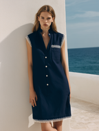 Women's Casual Navy Blue Cotton-Linen Blend Sleeveless Mini Dress With Lace Paneling And Shirt Collar MDZ3024D1LXY