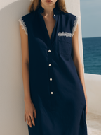 Women's Casual Navy Blue Cotton-Linen Blend Sleeveless Mini Dress With Lace Paneling And Shirt Collar MDZ3024D1LXY