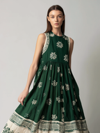 Women's Casual Dark Green Printed Woven Sleeveless Round-Neck Maxi Dress MDZ3003D7LXY