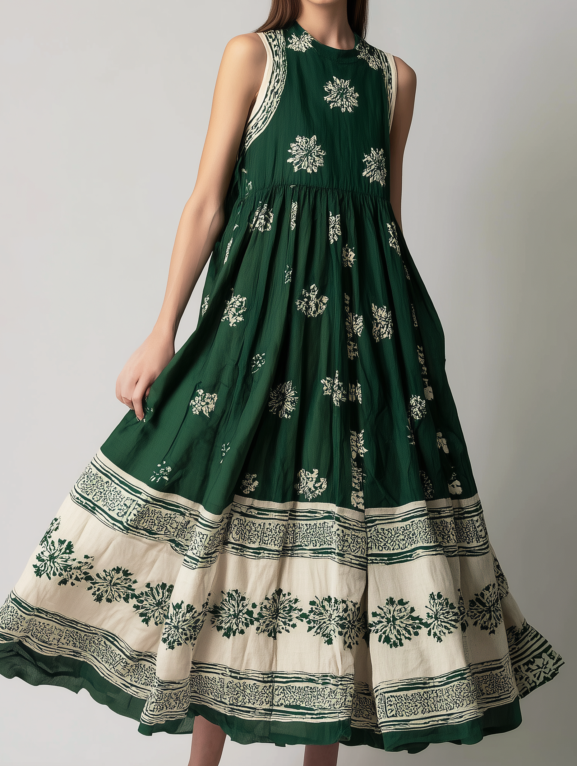 Women's Casual Dark Green Printed Woven Sleeveless Round-Neck Maxi Dress MDZ3003D7LXY