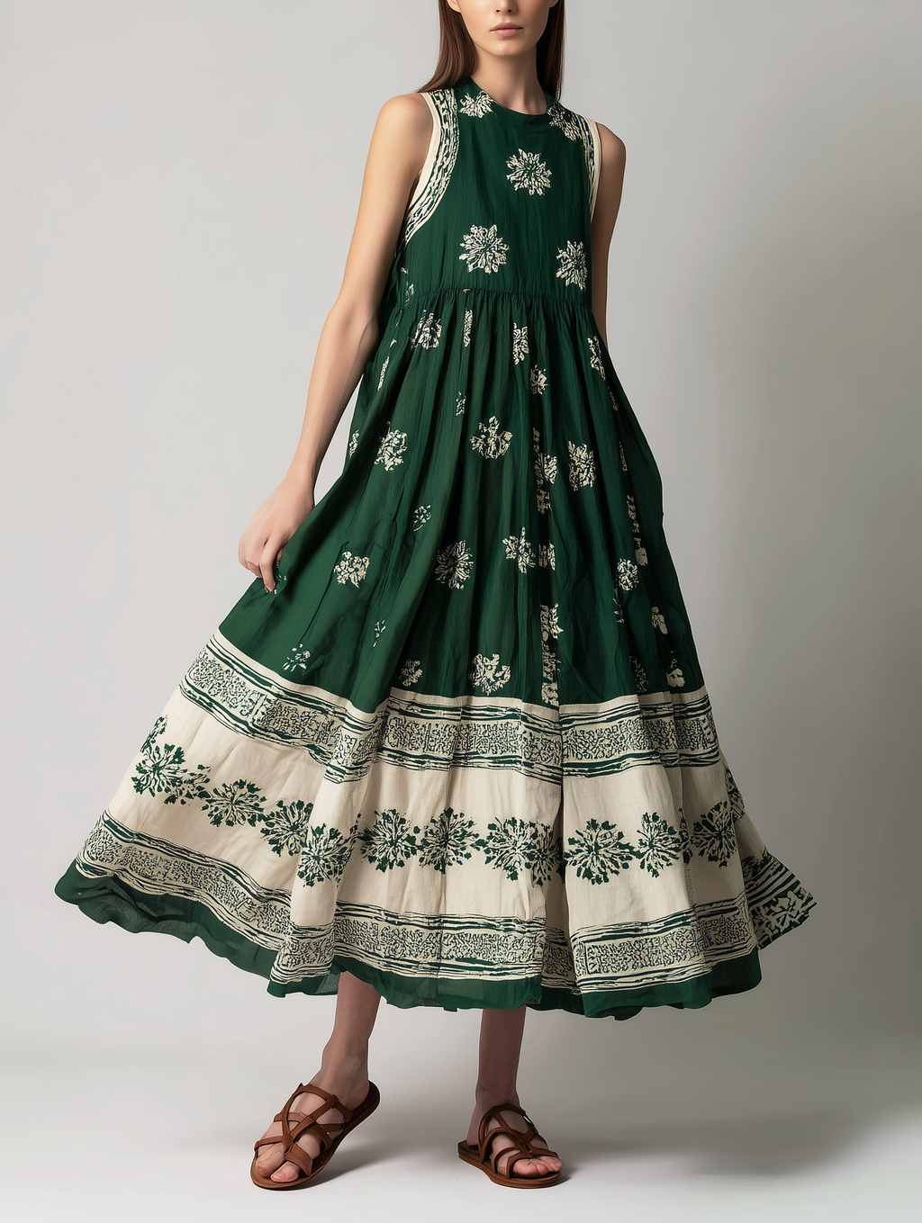 Women's Casual Dark Green Printed Woven Sleeveless Round-Neck Maxi Dress MDZ3003D7LXY