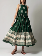 Women's Casual Dark Green Printed Woven Sleeveless Round-Neck Maxi Dress MDZ3003D7LXY