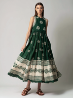 Women's Casual Dark Green Printed Woven Sleeveless Round-Neck Maxi Dress MDZ3003D7LXY