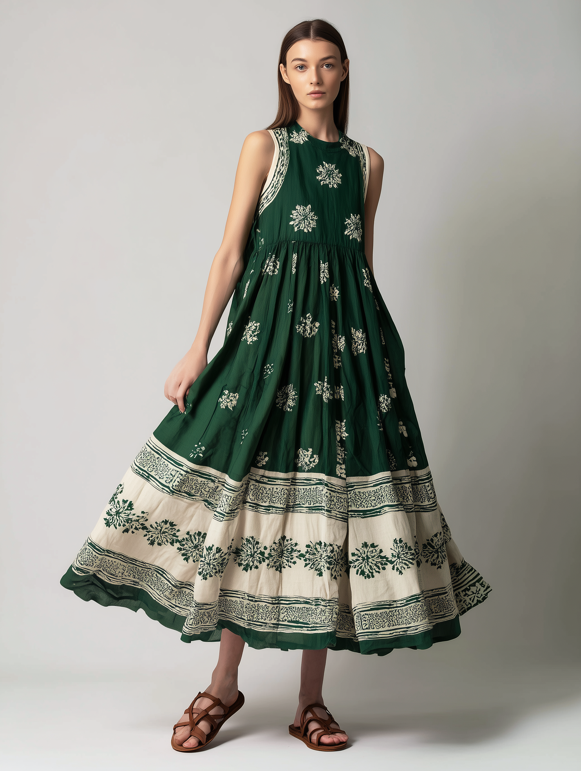 Women's Casual Dark Green Printed Woven Sleeveless Round-Neck Maxi Dress MDZ3003D7LXY