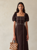 Women's Brown Cotton-Blend Midi Dress With Contrast Stitch & Puff Sleeves, Timeless Casual Summer Dress MDZ3078D5LYL