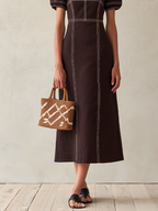 Women's Brown Cotton-Blend Midi Dress With Contrast Stitch & Puff Sleeves, Timeless Casual Summer Dress MDZ3078D5LYL