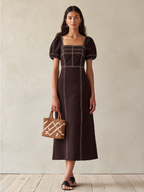 Women's Brown Cotton-Blend Midi Dress With Contrast Stitch & Puff Sleeves, Timeless Casual Summer Dress MDZ3078D5LYL