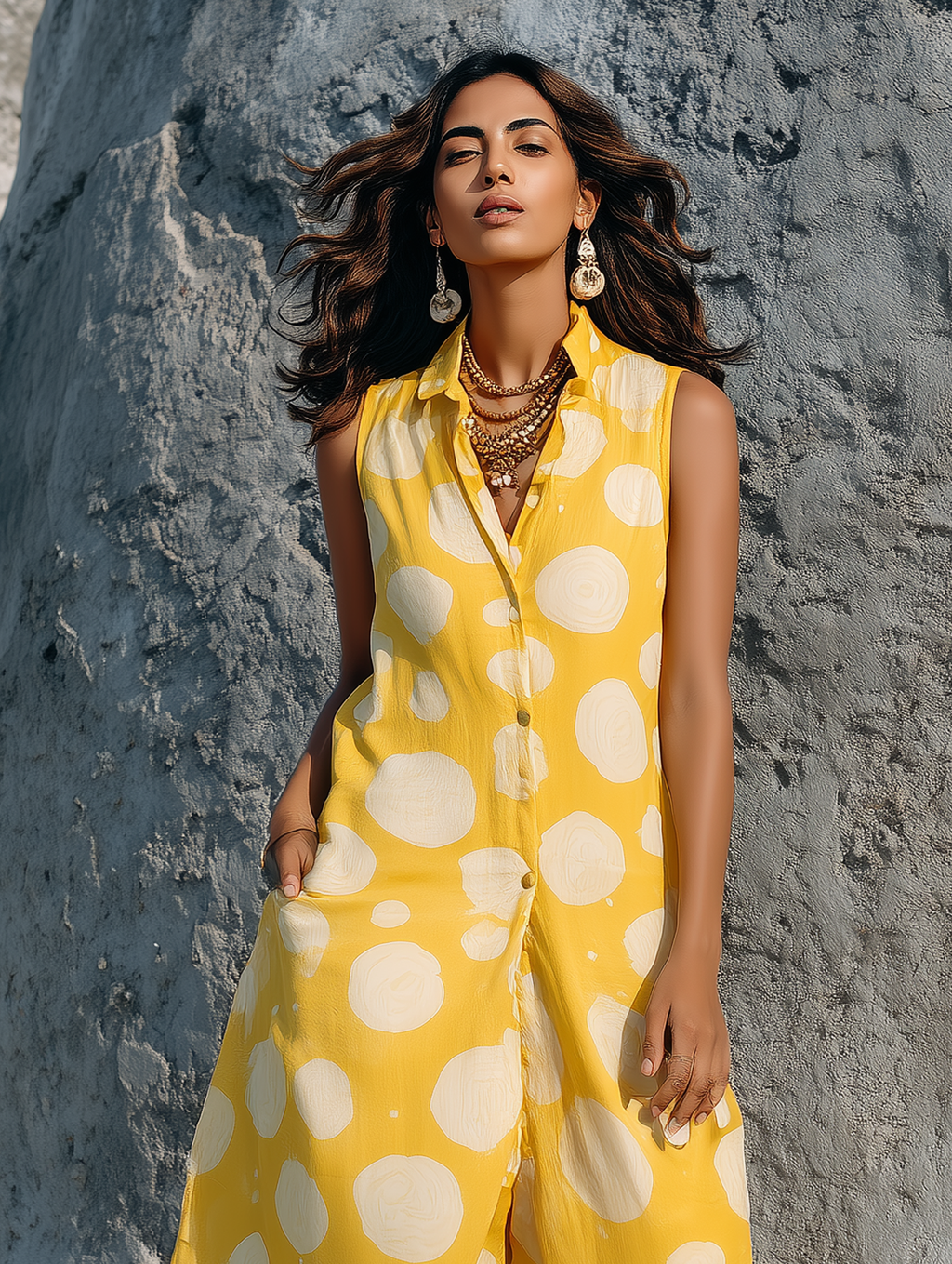 Women's Minimalist Sleeveless Wide-Leg Jumpsuit With Irregular Polka Dot Print And Single-Breasted Front MDZ3090D5Y