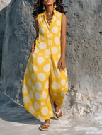 Women's Minimalist Sleeveless Wide-Leg Jumpsuit With Irregular Polka Dot Print And Single-Breasted Front MDZ3090D5Y