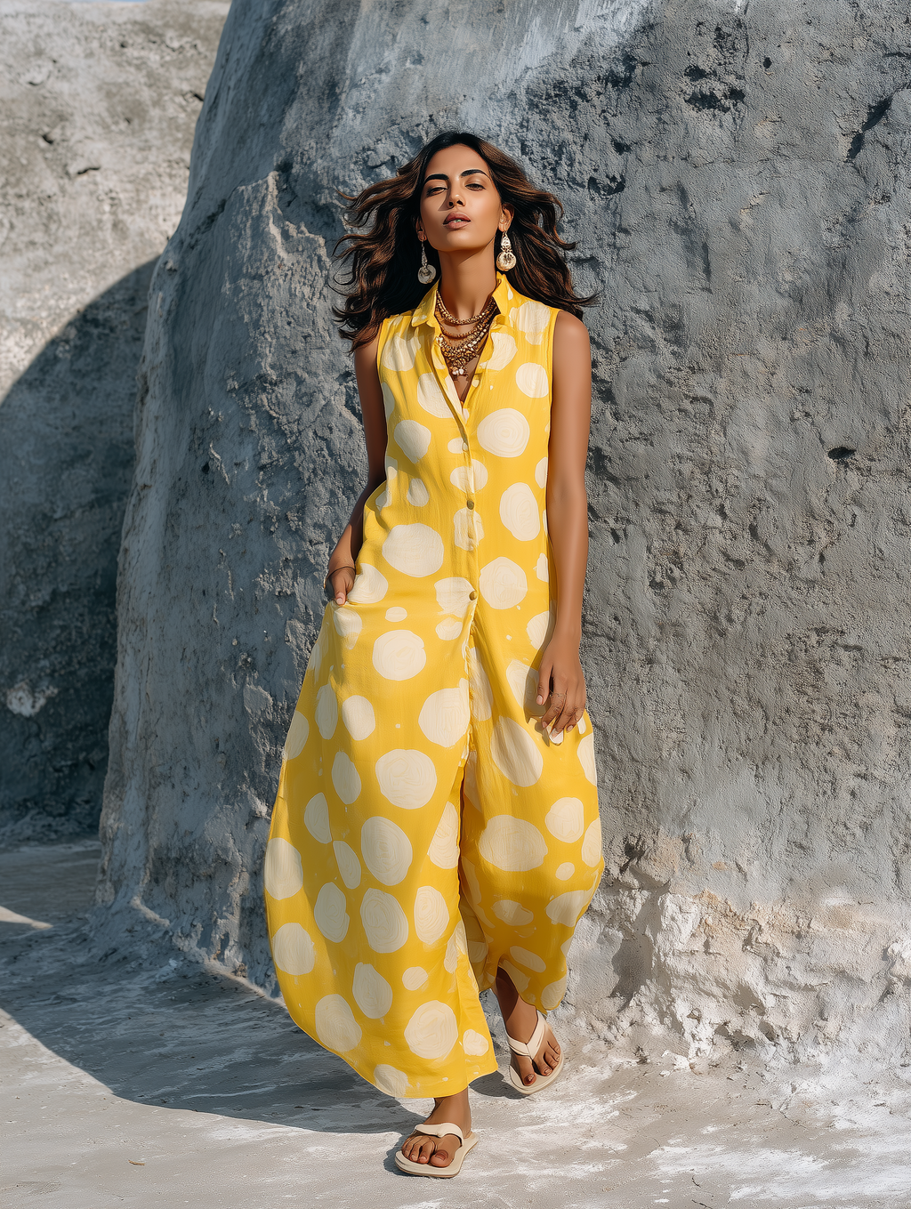 Women's Minimalist Sleeveless Wide-Leg Jumpsuit With Irregular Polka Dot Print And Single-Breasted Front MDZ3090D5Y