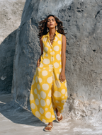 Women's Minimalist Sleeveless Wide-Leg Jumpsuit With Irregular Polka Dot Print And Single-Breasted Front MDZ3090D5Y